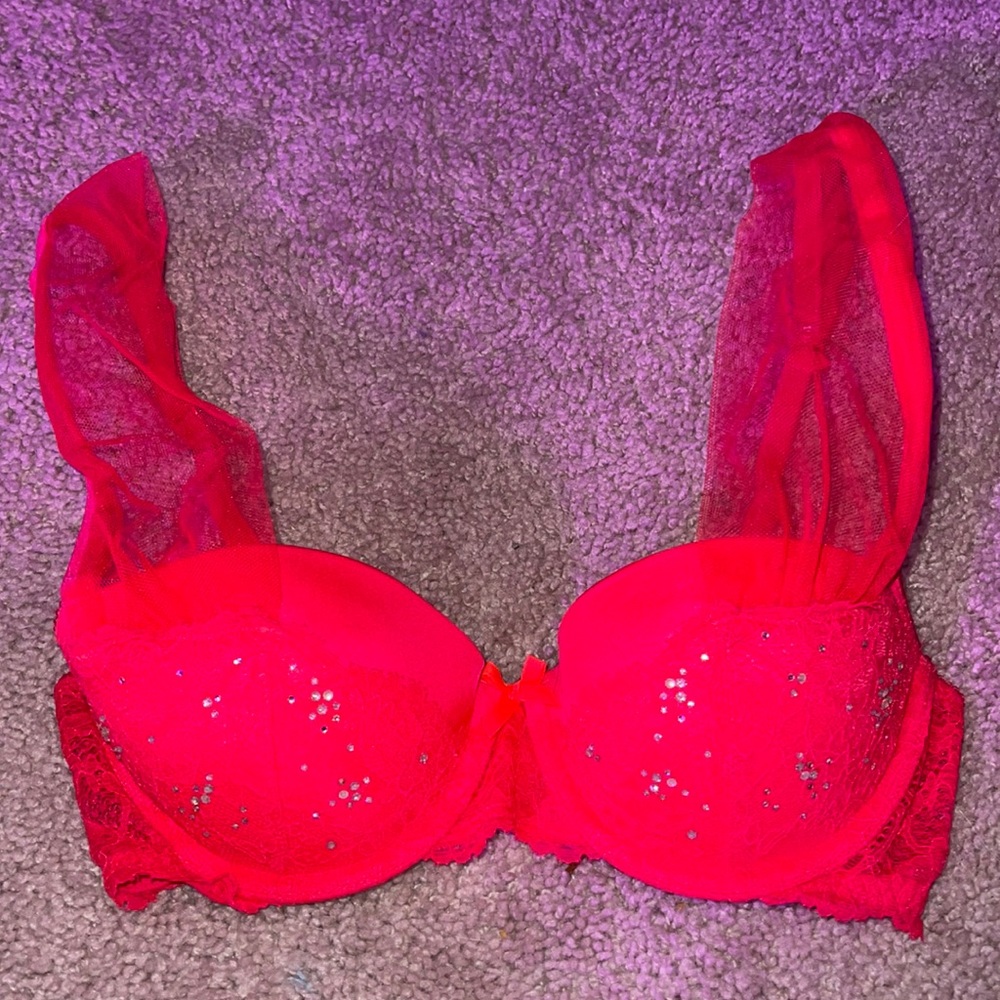 Tulle strap sequin red bra